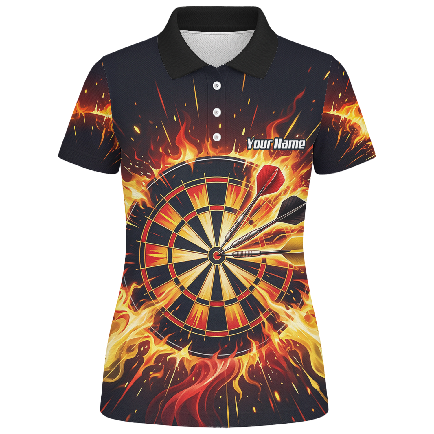 Personalised Fire Flame Dart Jersey for Women Custom Dartboard Graphic Polo Shirt Black Orange M1671
