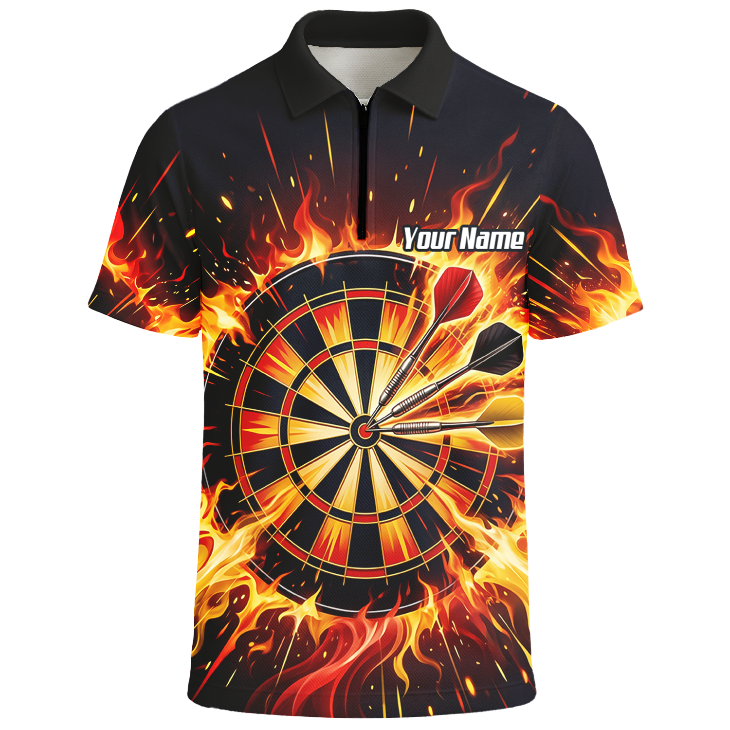 Personalised Fire Flame Dart Jersey for Men Custom Dartboard Graphic Polo Shirt Black Orange M1671