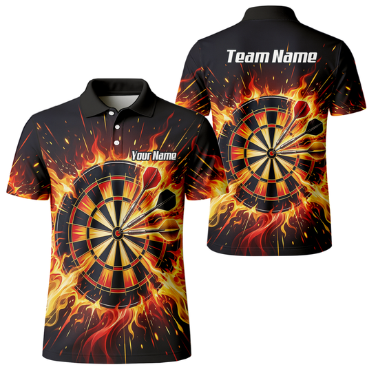 Personalised Fire Flame Dart Jersey for Men Custom Dartboard Graphic Polo Shirt Black Orange M1671