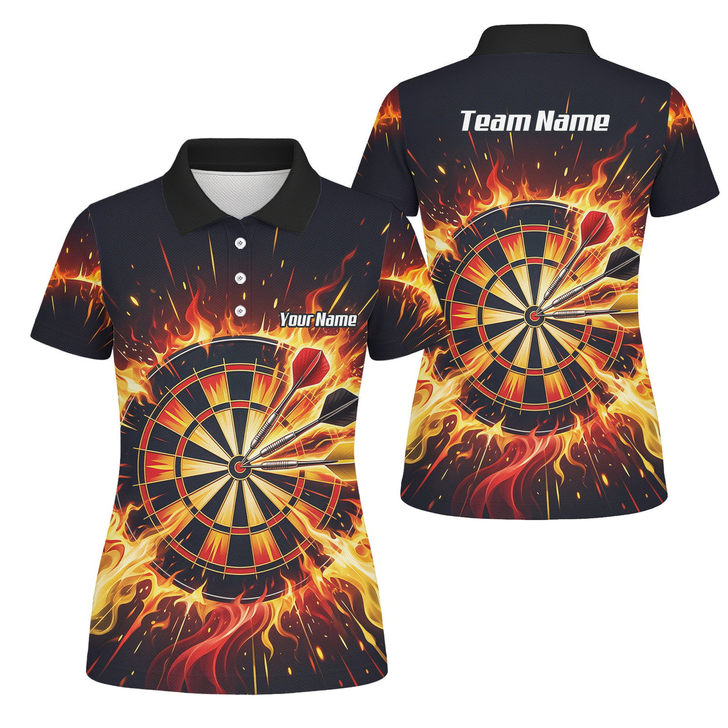 Personalised Fire Flame Dart Jersey for Women Custom Dartboard Graphic Polo Shirt Black Orange M1671