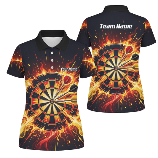 Personalised Fire Flame Dart Jersey for Women Custom Dartboard Graphic Polo Shirt Black Orange M1671