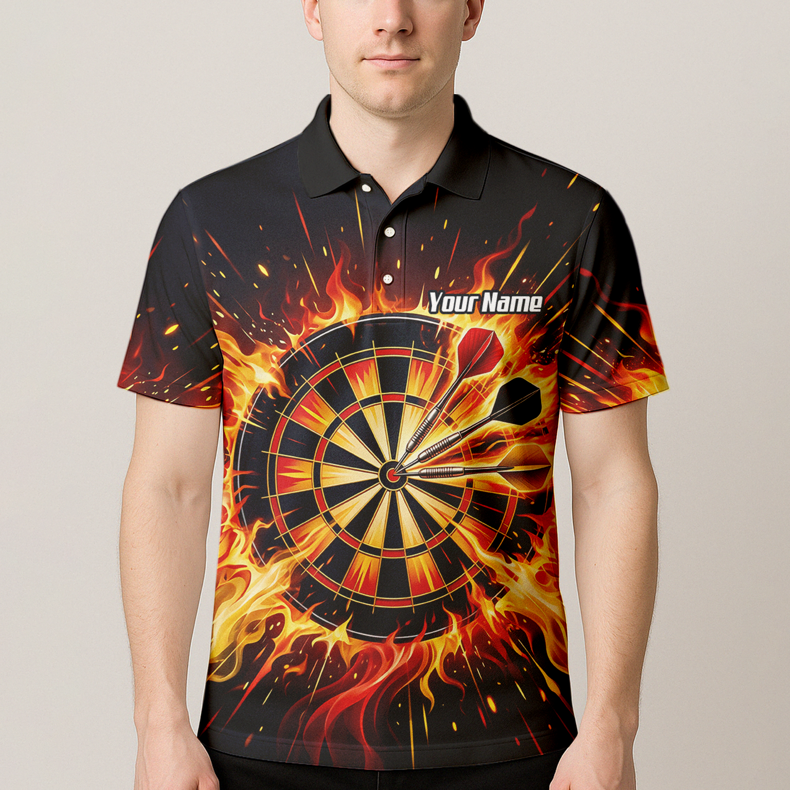 Personalised Fire Flame Dart Jersey for Men Custom Dartboard Graphic Polo Shirt Black Orange M1671
