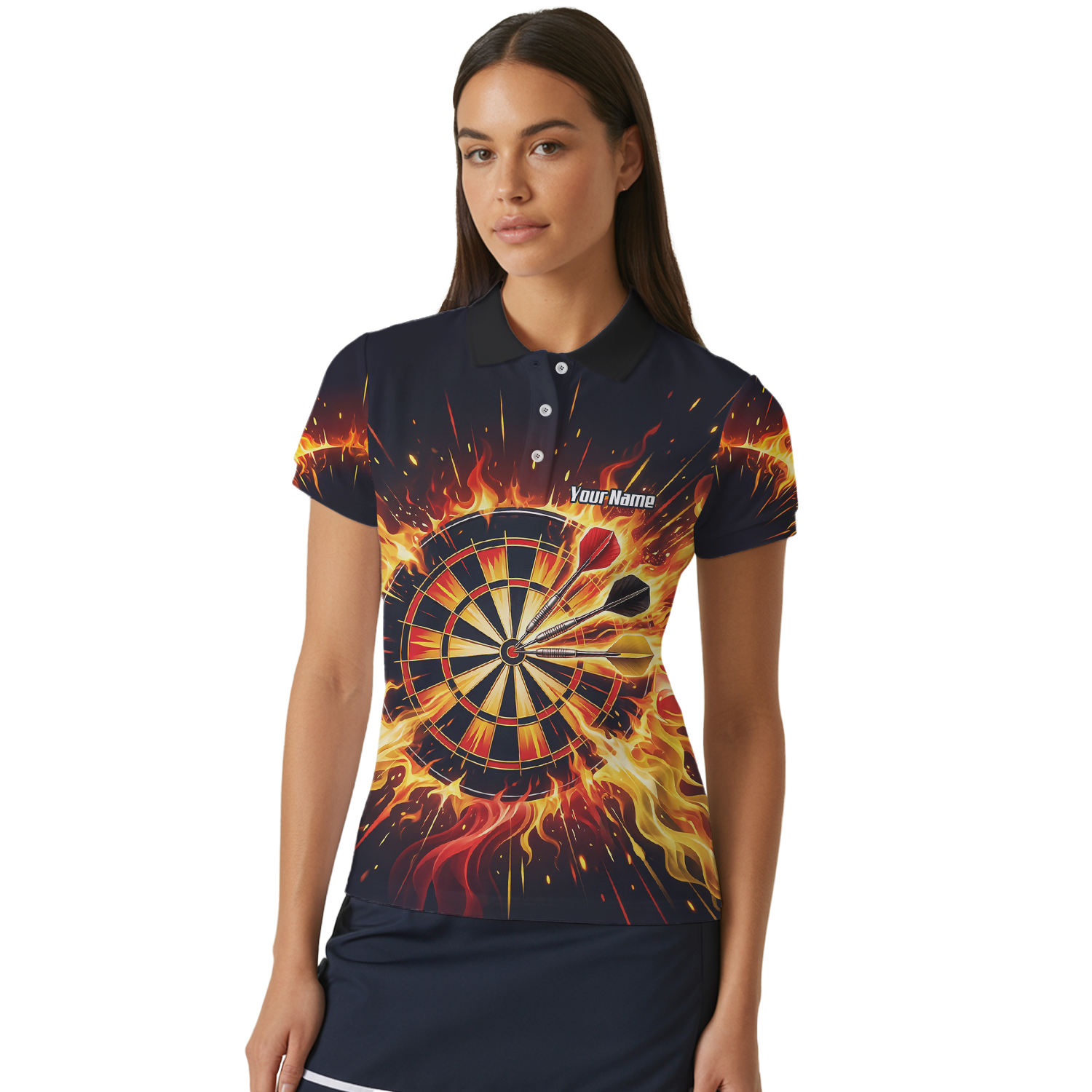 Personalised Fire Flame Dart Jersey for Women Custom Dartboard Graphic Polo Shirt Black Orange M1671