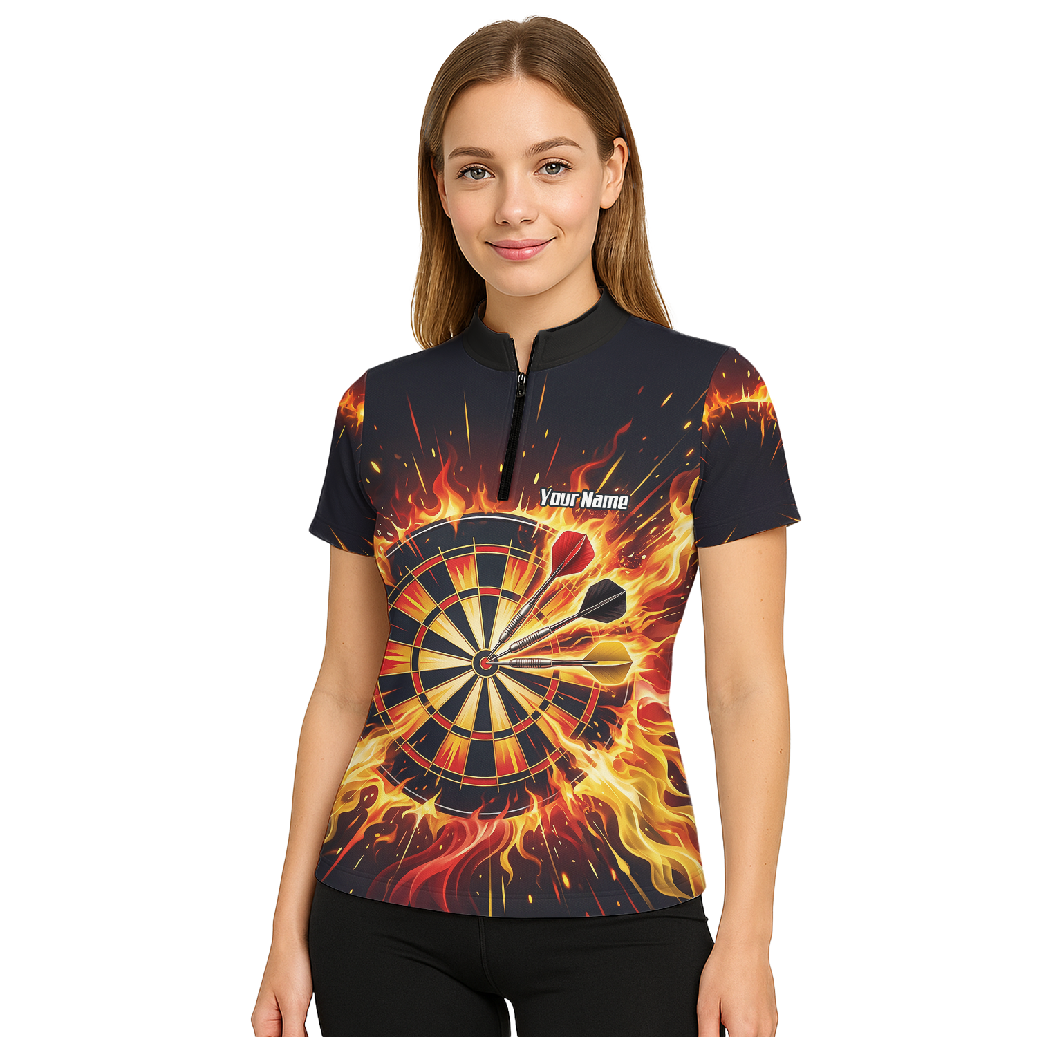 Personalised Fire Flame Dart Jersey for Women Custom Dartboard Graphic Polo Shirt Black Orange M1671