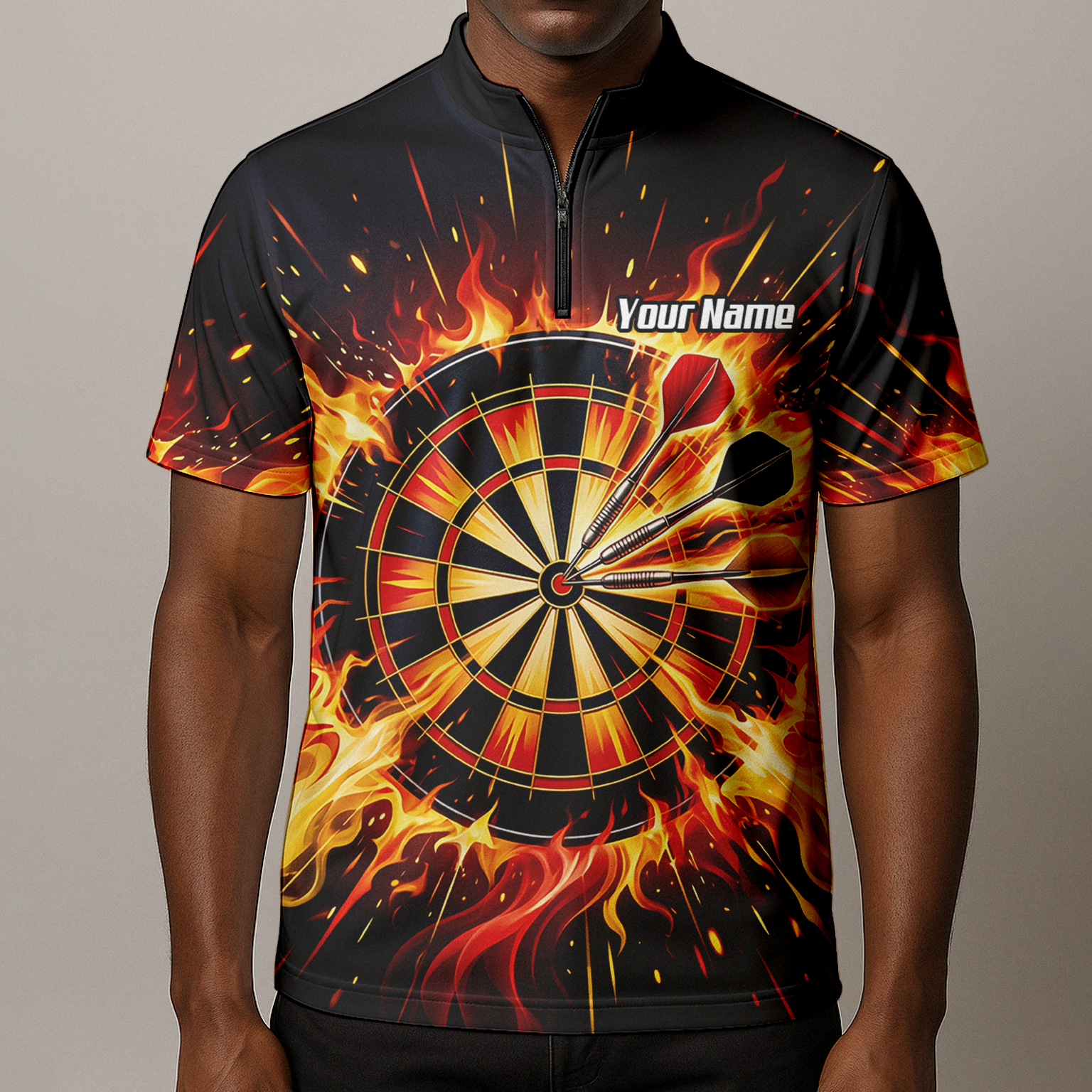 Personalised Fire Flame Dart Jersey for Men Custom Dartboard Graphic Polo Shirt Black Orange M1671
