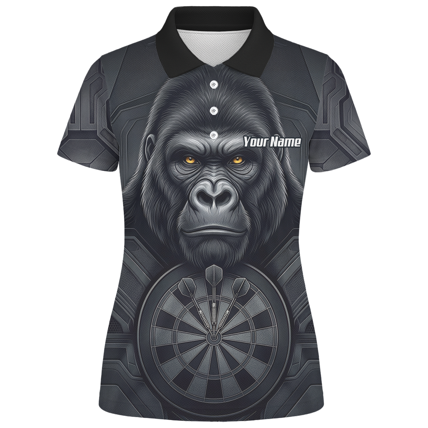 Personalised Silverback Gorilla Dart Jersey for Women Custom Darts Polo Shirt Black Grey with Dartboard Graphic M1900
