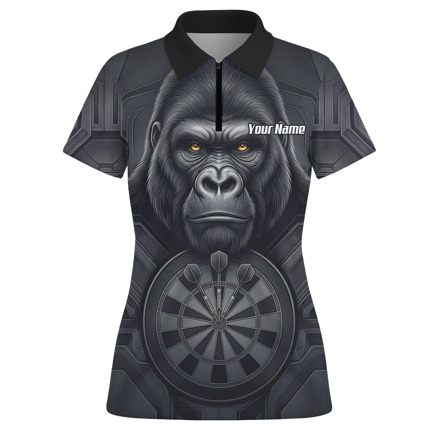 Personalised Silverback Gorilla Dart Jersey for Women Custom Darts Polo Shirt Black Grey with Dartboard Graphic M1900