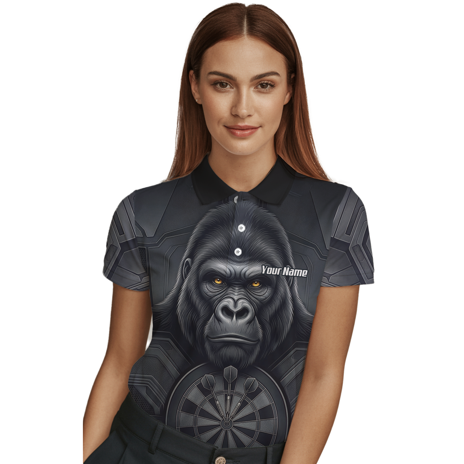 Personalised Silverback Gorilla Dart Jersey for Women Custom Darts Polo Shirt Black Grey with Dartboard Graphic M1900