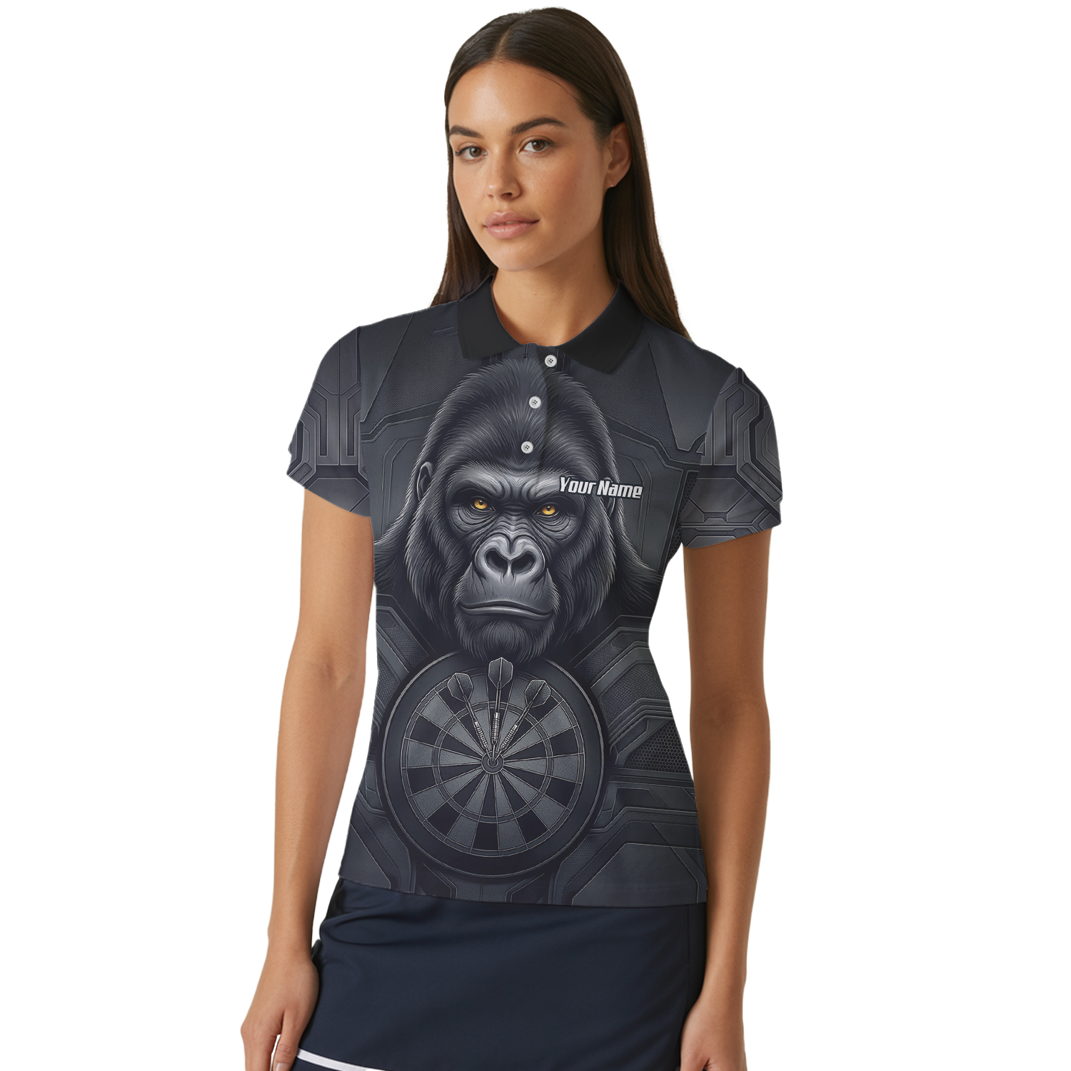 Personalised Silverback Gorilla Dart Jersey for Women Custom Darts Polo Shirt Black Grey with Dartboard Graphic M1900