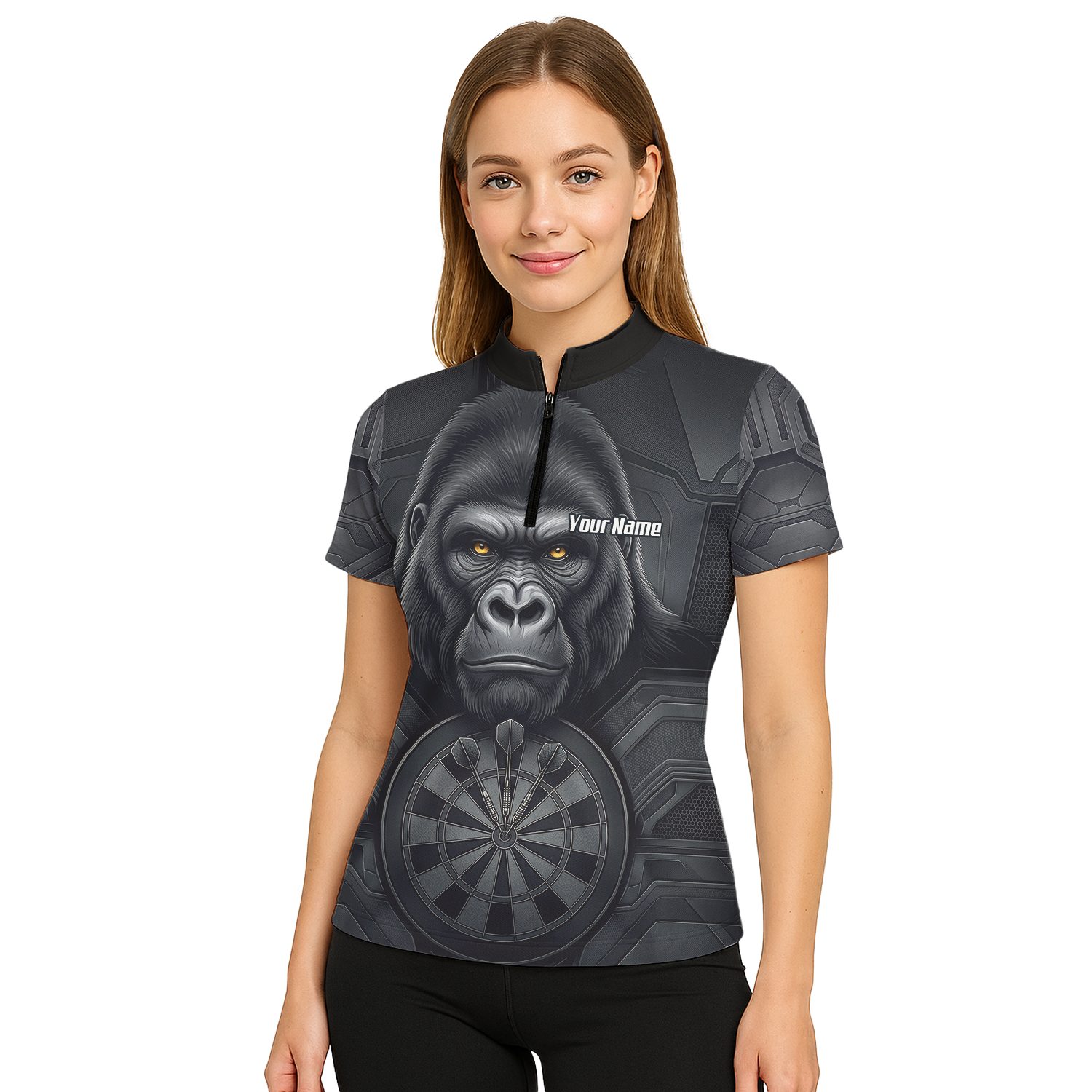Personalised Silverback Gorilla Dart Jersey for Women Custom Darts Polo Shirt Black Grey with Dartboard Graphic M1900