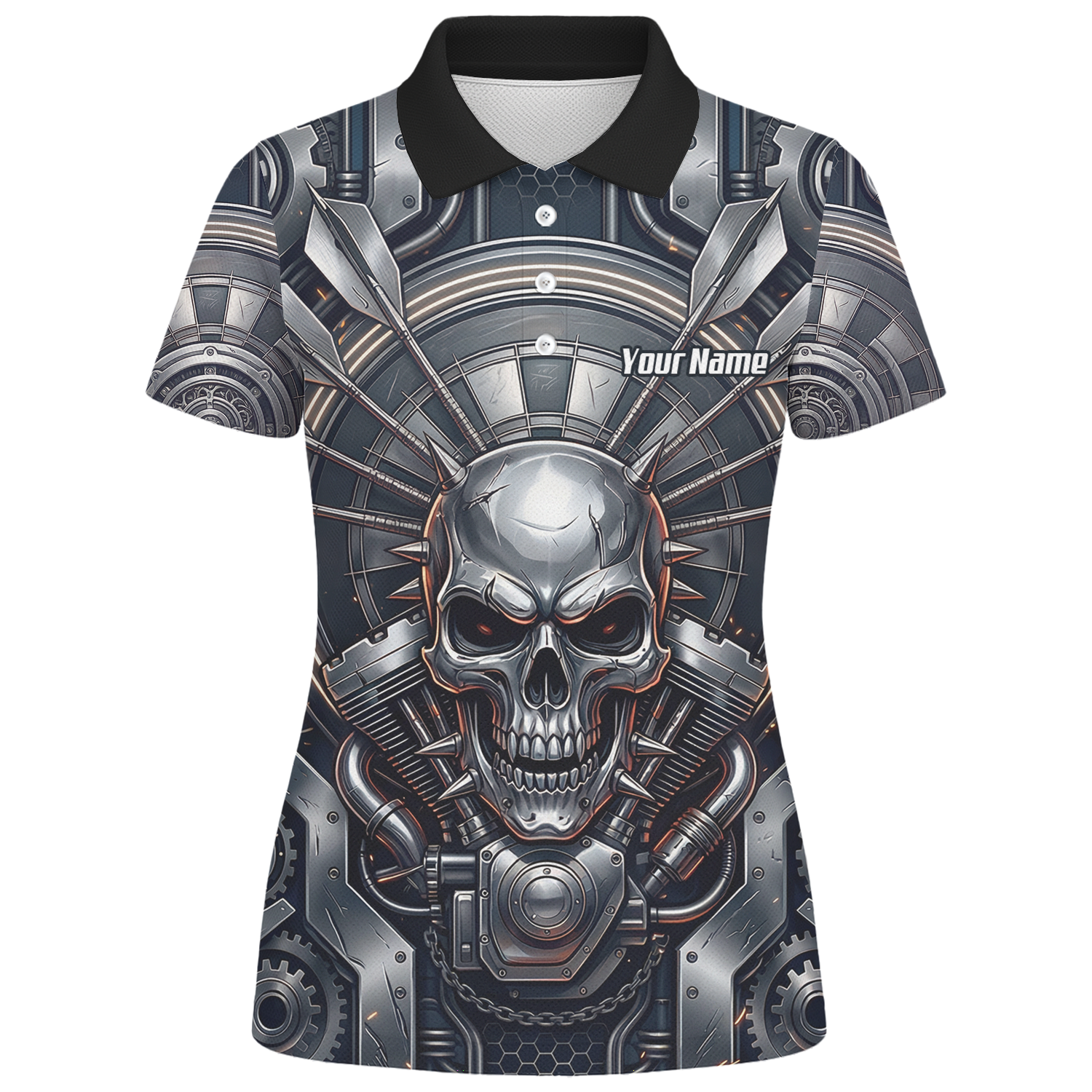 Personalised Women's Dart Jersey Custom Mechanical Skull Gear Print Polo Shirt Black Silver M6840