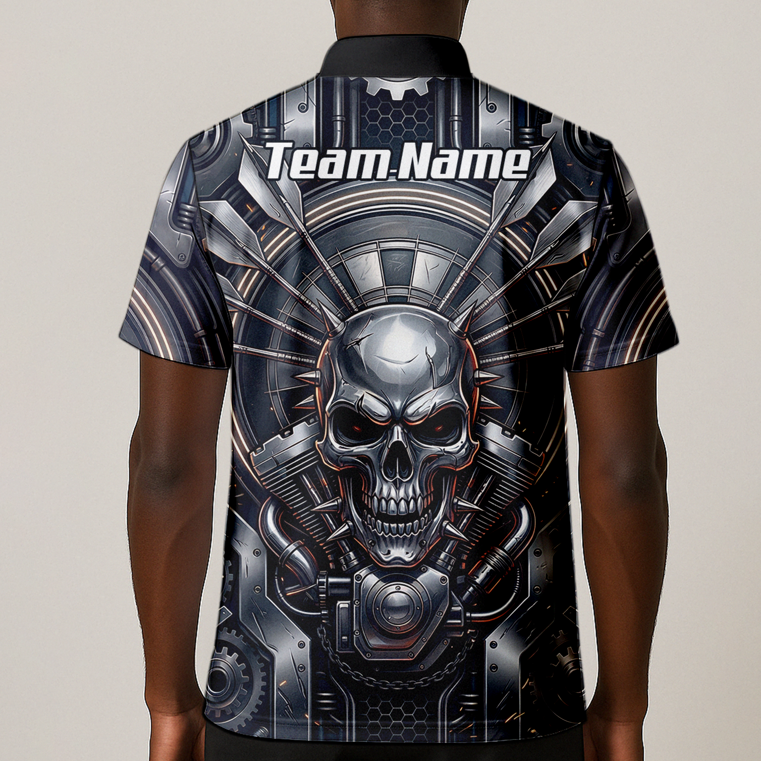 Personalised Men's Dart Jersey Custom Mechanical Skull Gear Print Polo Shirt Black Silver M6840