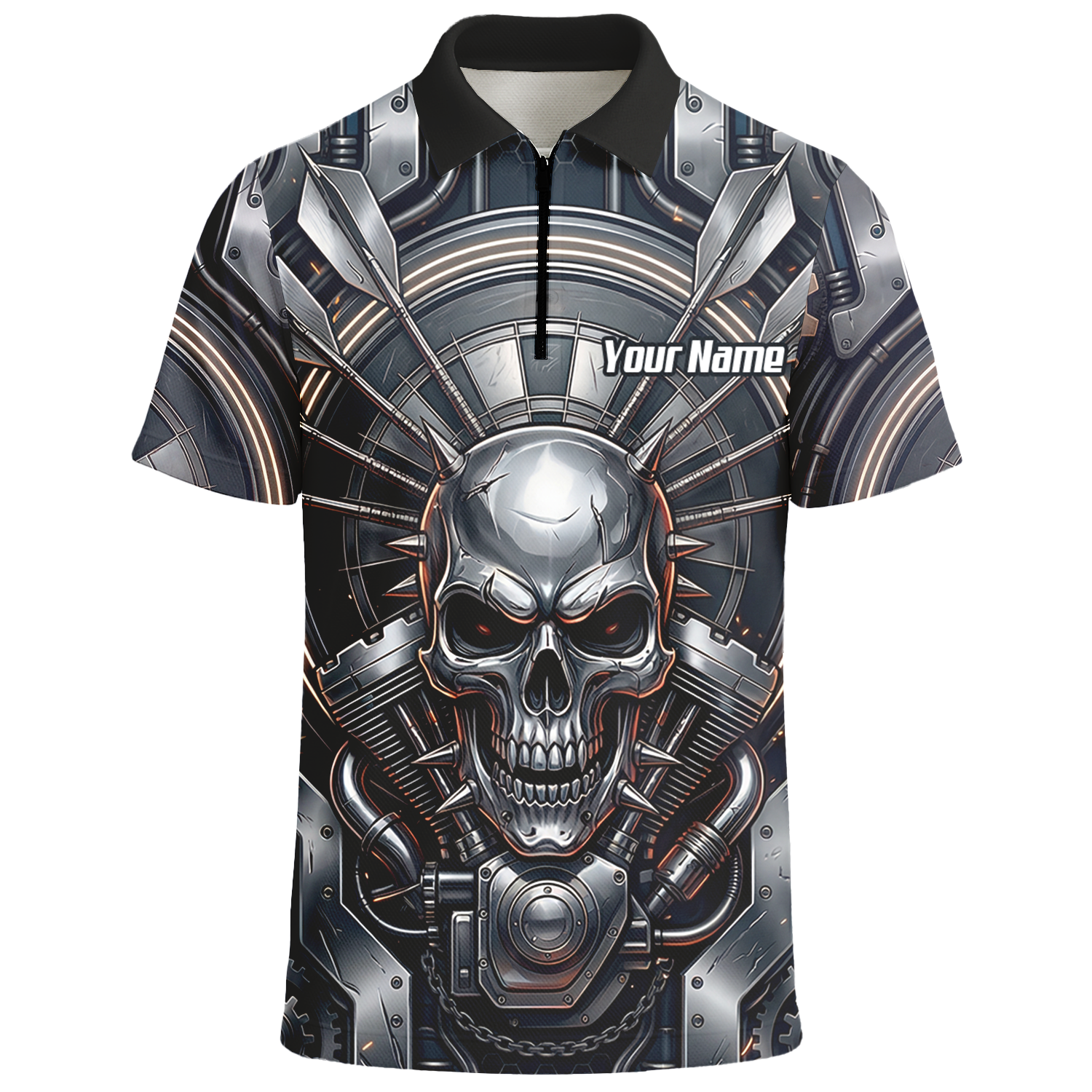 Personalised Men's Dart Jersey Custom Mechanical Skull Gear Print Polo Shirt Black Silver M6840
