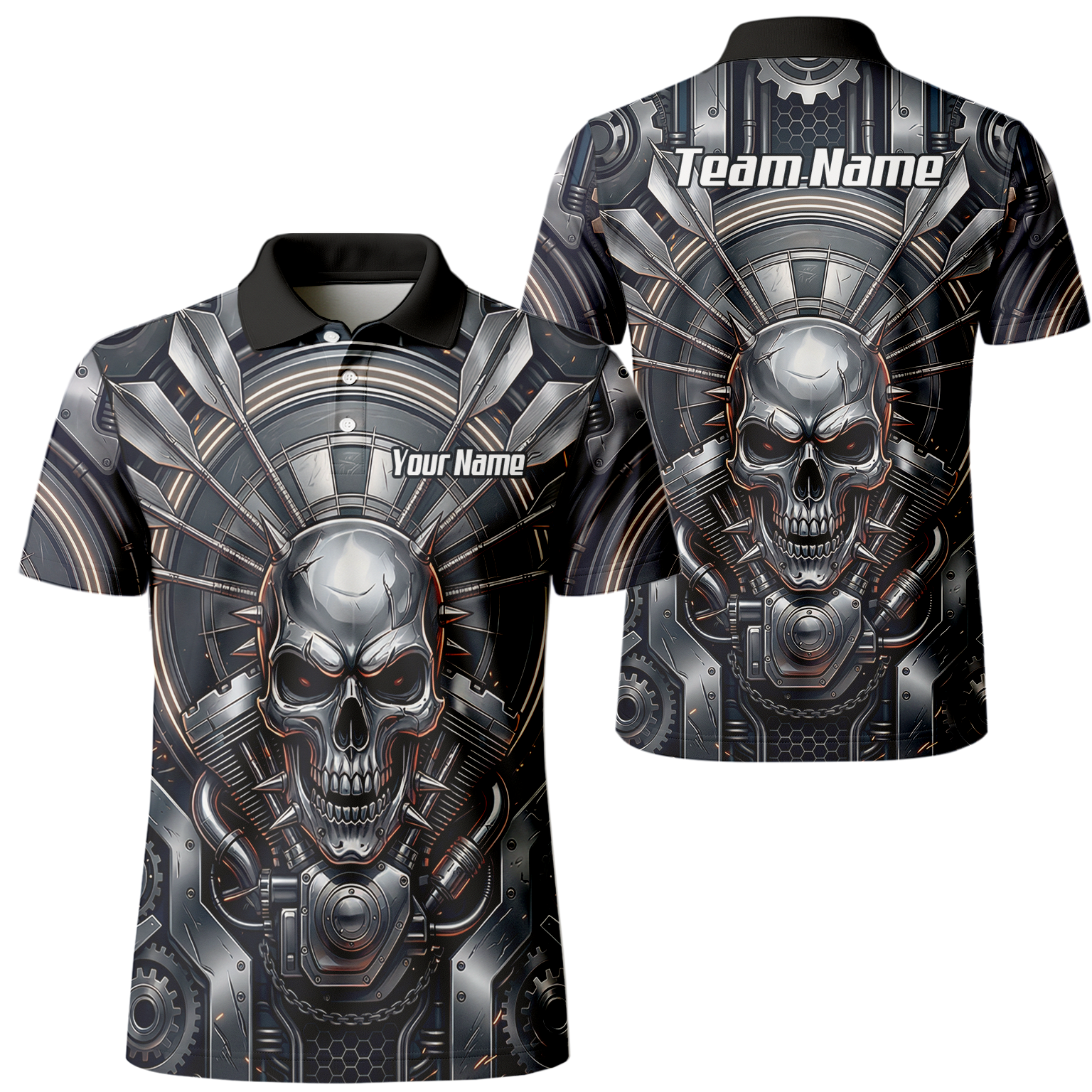 Personalised Men's Dart Jersey Custom Mechanical Skull Gear Print Polo Shirt Black Silver M6840