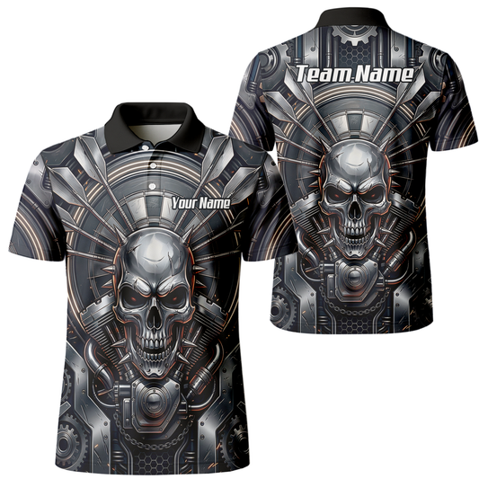 Personalised Men's Dart Jersey Custom Mechanical Skull Gear Print Polo Shirt Black Silver M6840