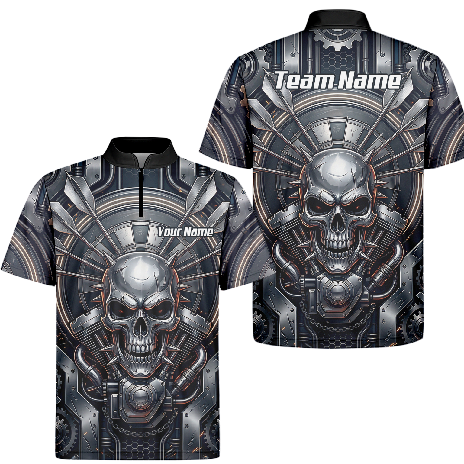 Personalised Men's Dart Jersey Custom Mechanical Skull Gear Print Polo Shirt Black Silver M6840