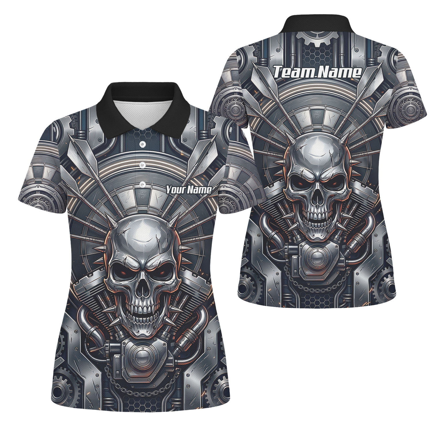 Personalised Women's Dart Jersey Custom Mechanical Skull Gear Print Polo Shirt Black Silver M6840