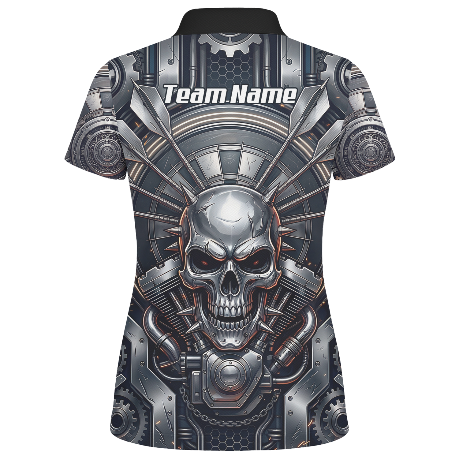Personalised Women's Dart Jersey Custom Mechanical Skull Gear Print Polo Shirt Black Silver M6840
