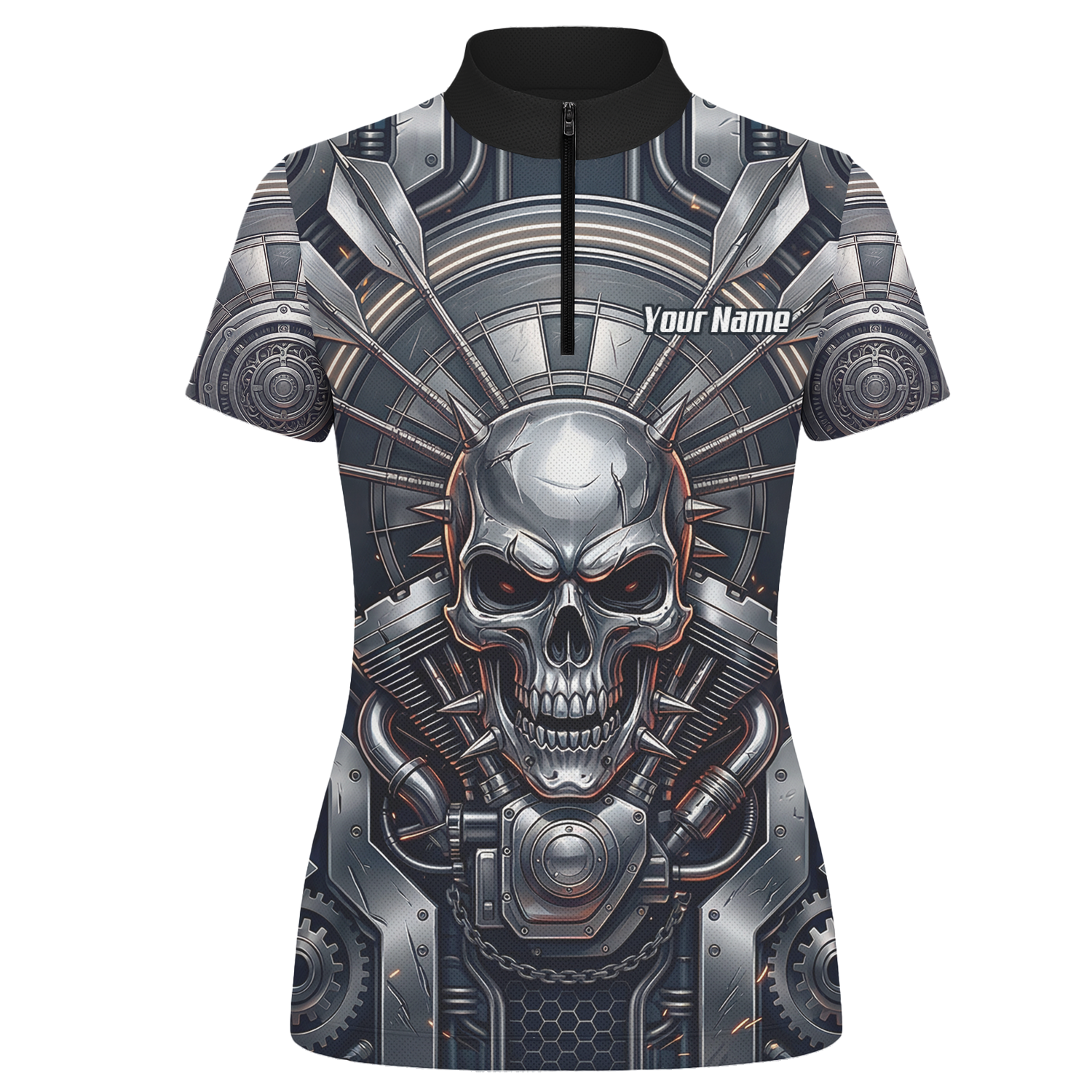 Personalised Women's Dart Jersey Custom Mechanical Skull Gear Print Polo Shirt Black Silver M6840