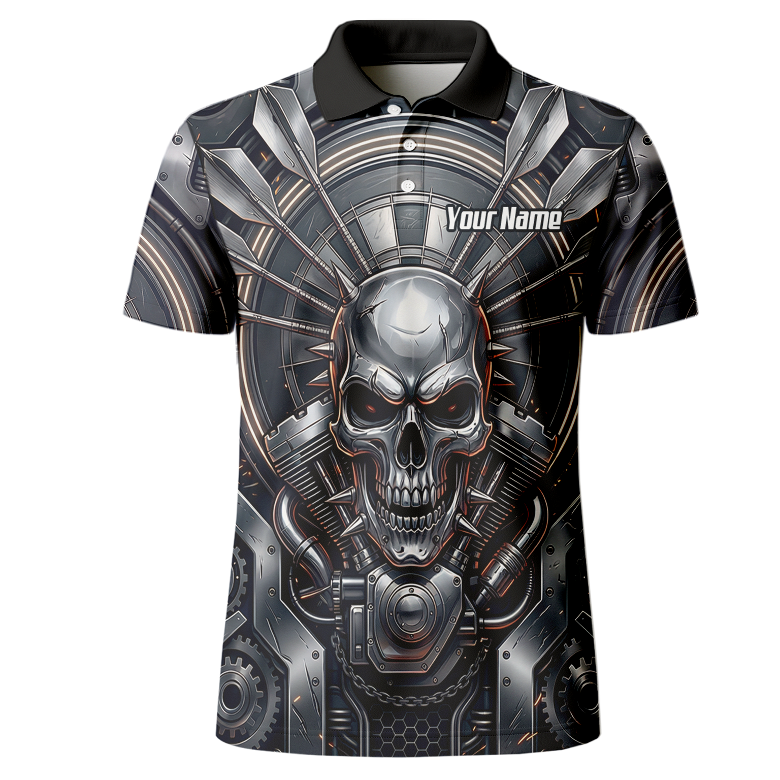 Personalised Men's Dart Jersey Custom Mechanical Skull Gear Print Polo Shirt Black Silver M6840