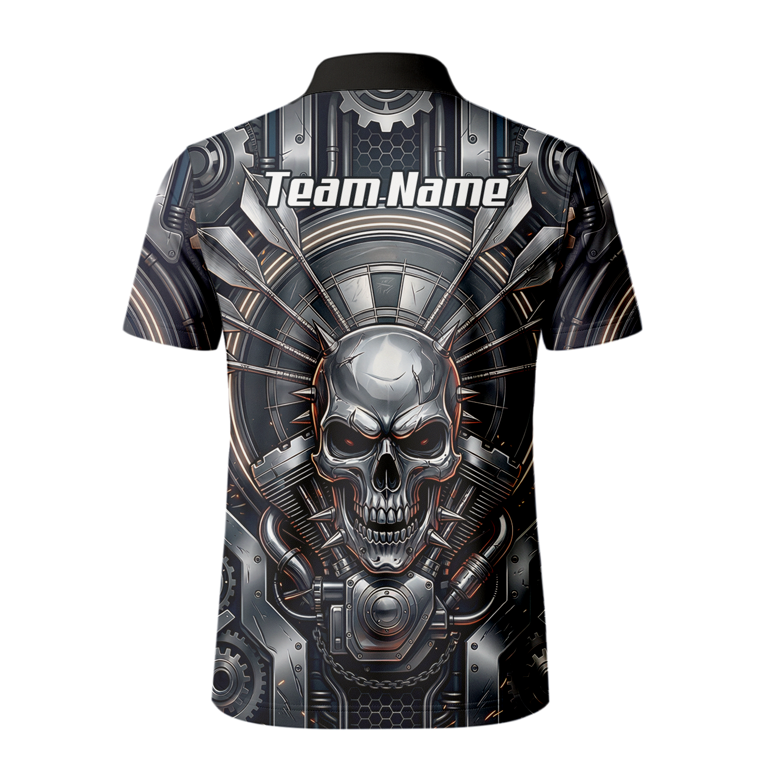 Personalised Men's Dart Jersey Custom Mechanical Skull Gear Print Polo Shirt Black Silver M6840