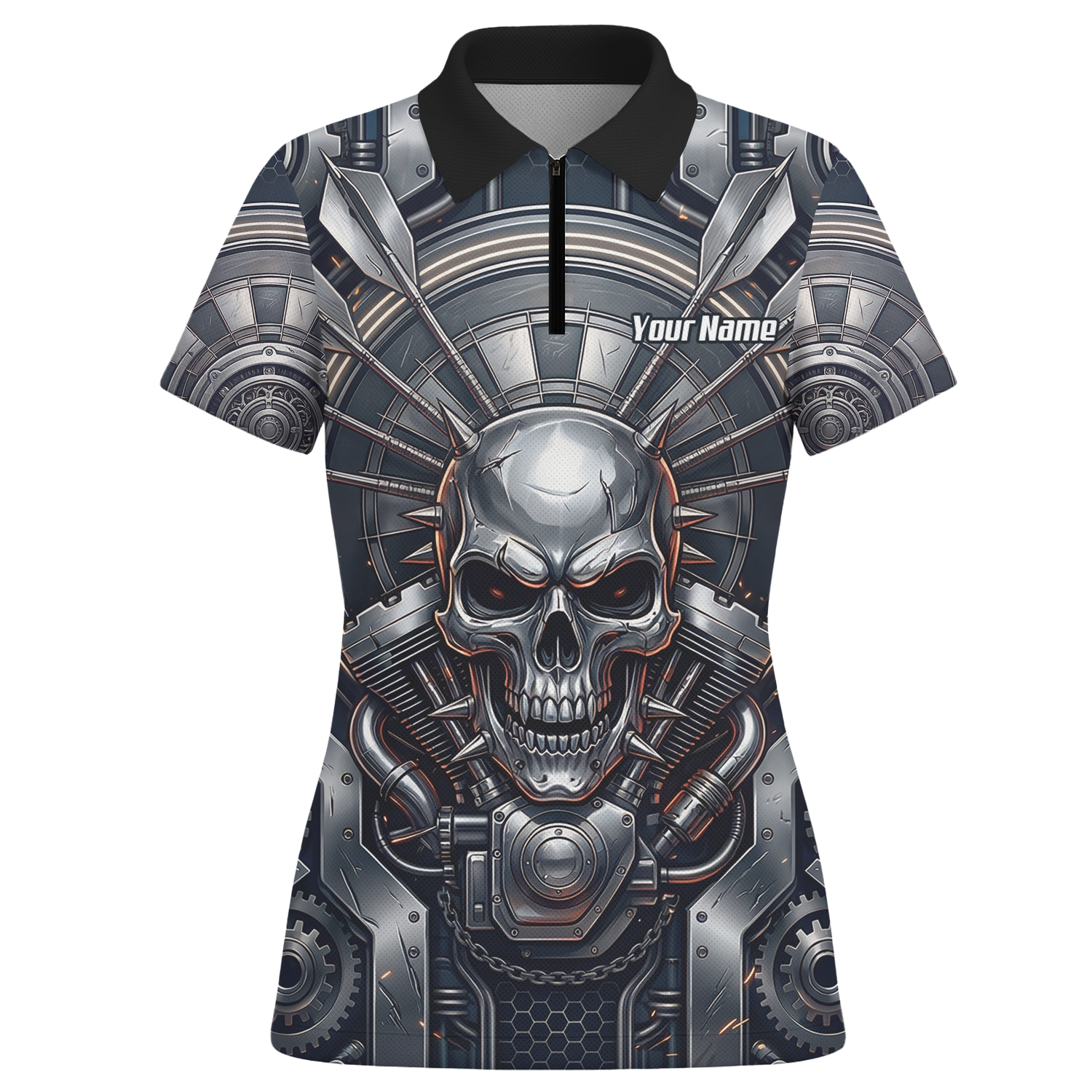 Personalised Women's Dart Jersey Custom Mechanical Skull Gear Print Polo Shirt Black Silver M6840