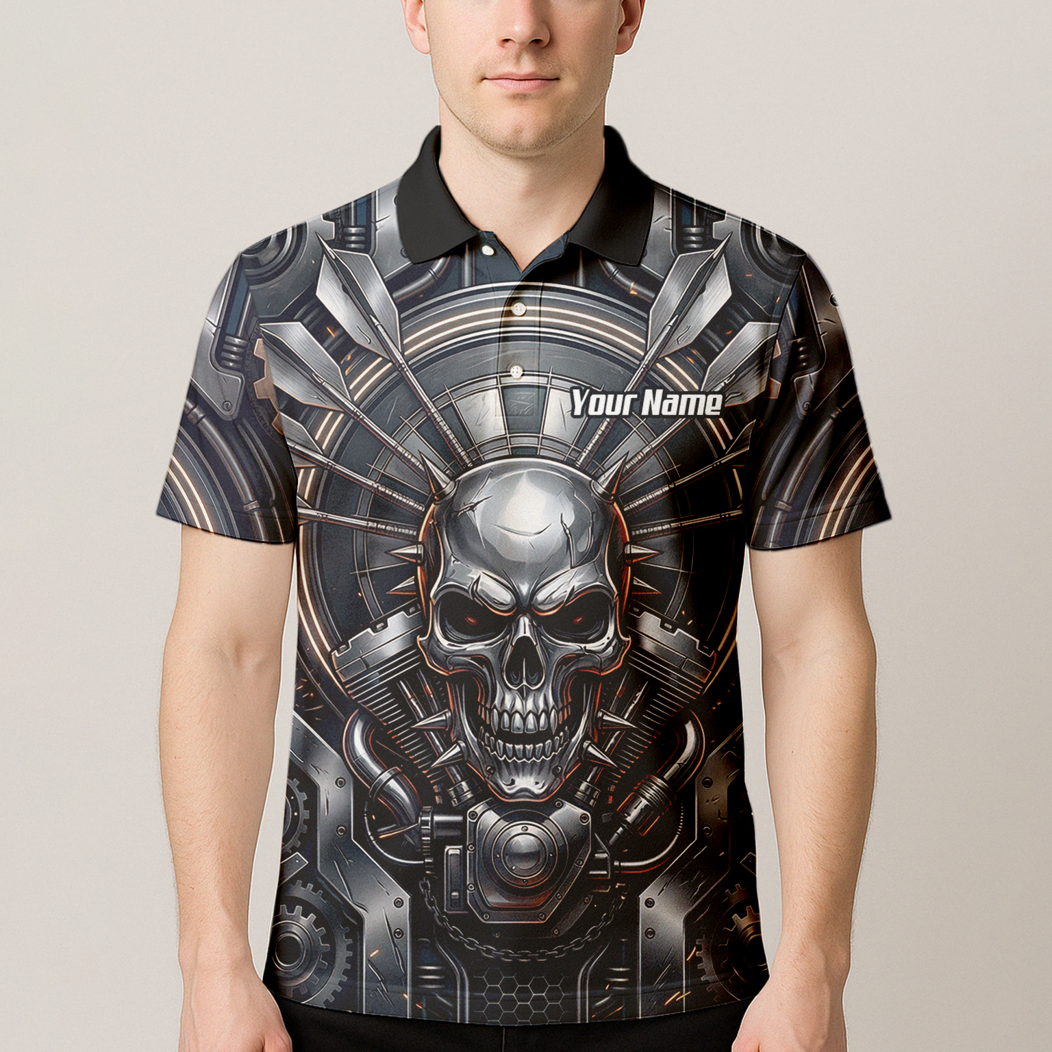 Personalised Men's Dart Jersey Custom Mechanical Skull Gear Print Polo Shirt Black Silver M6840