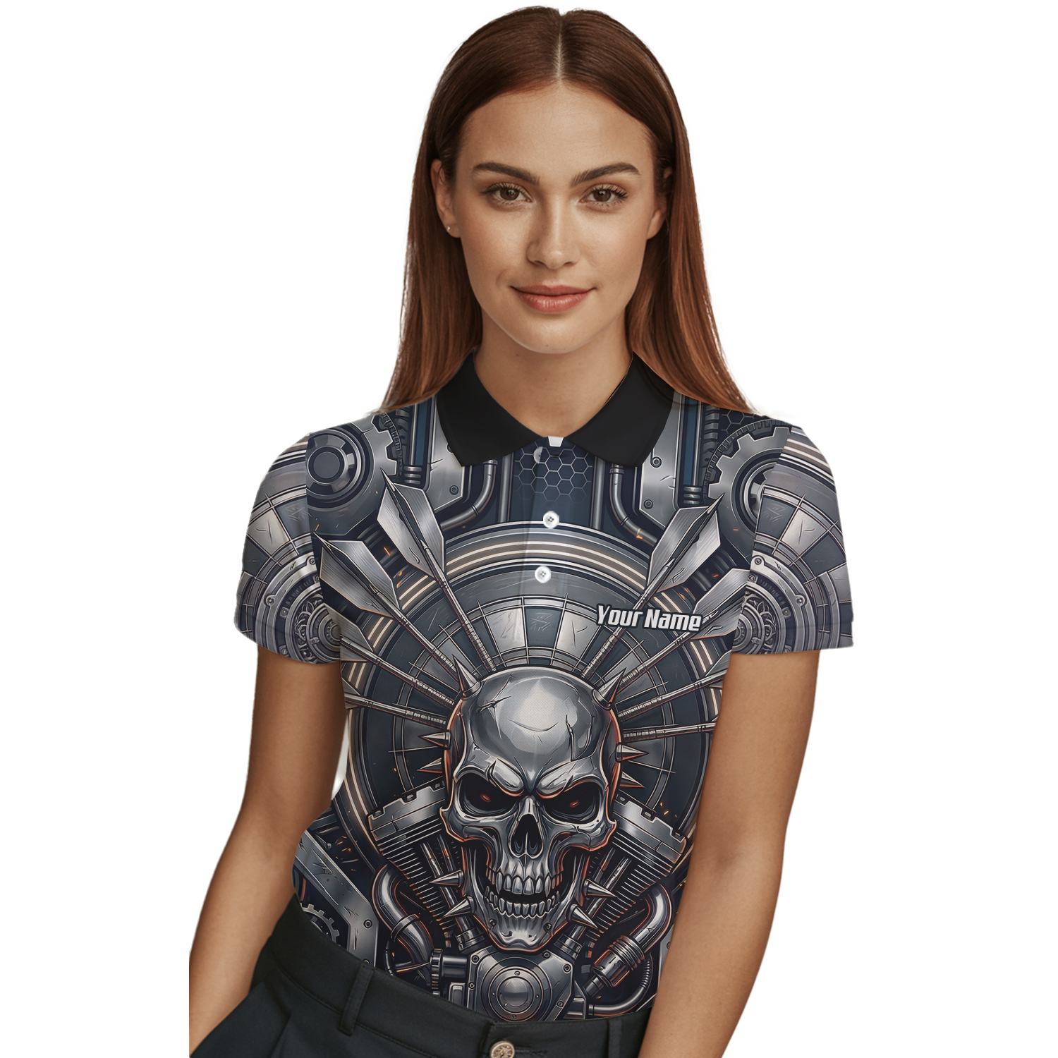 Personalised Women's Dart Jersey Custom Mechanical Skull Gear Print Polo Shirt Black Silver M6840