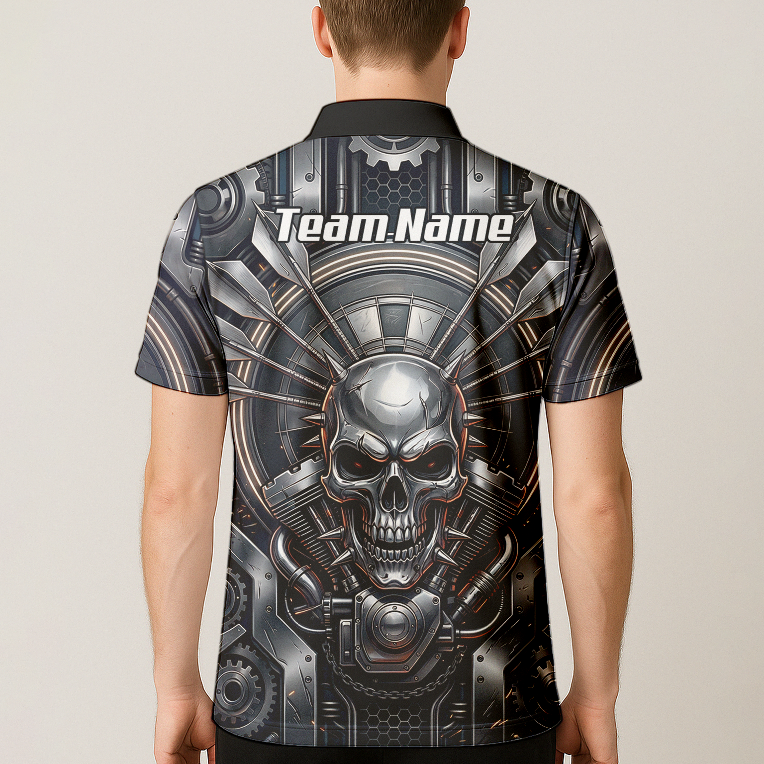 Personalised Men's Dart Jersey Custom Mechanical Skull Gear Print Polo Shirt Black Silver M6840