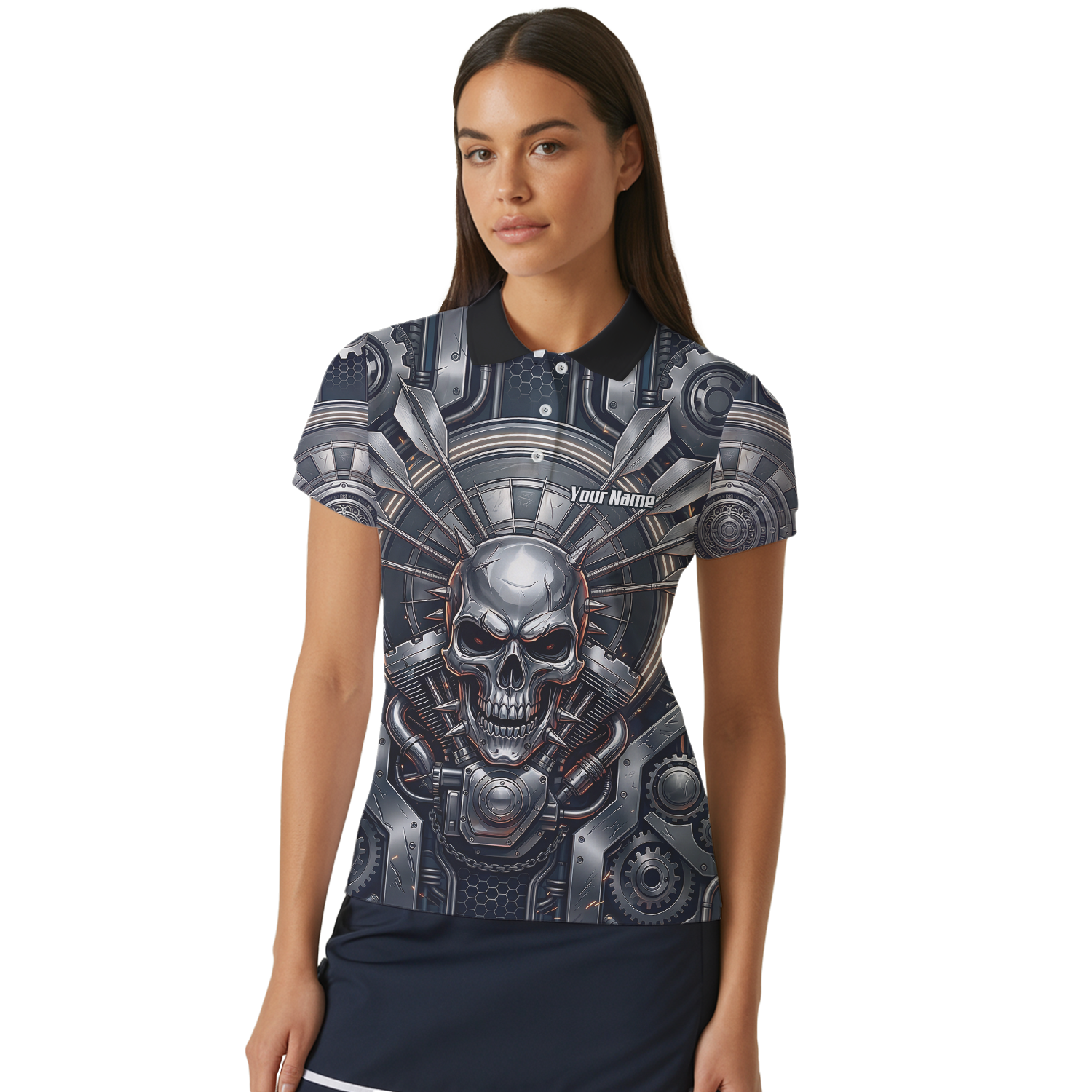 Personalised Women's Dart Jersey Custom Mechanical Skull Gear Print Polo Shirt Black Silver M6840