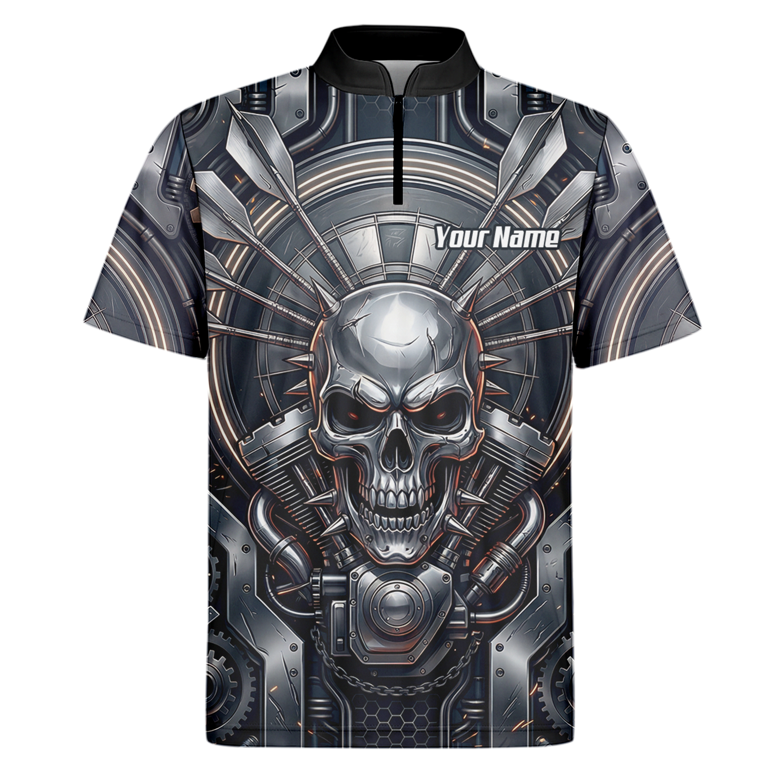 Personalised Men's Dart Jersey Custom Mechanical Skull Gear Print Polo Shirt Black Silver M6840