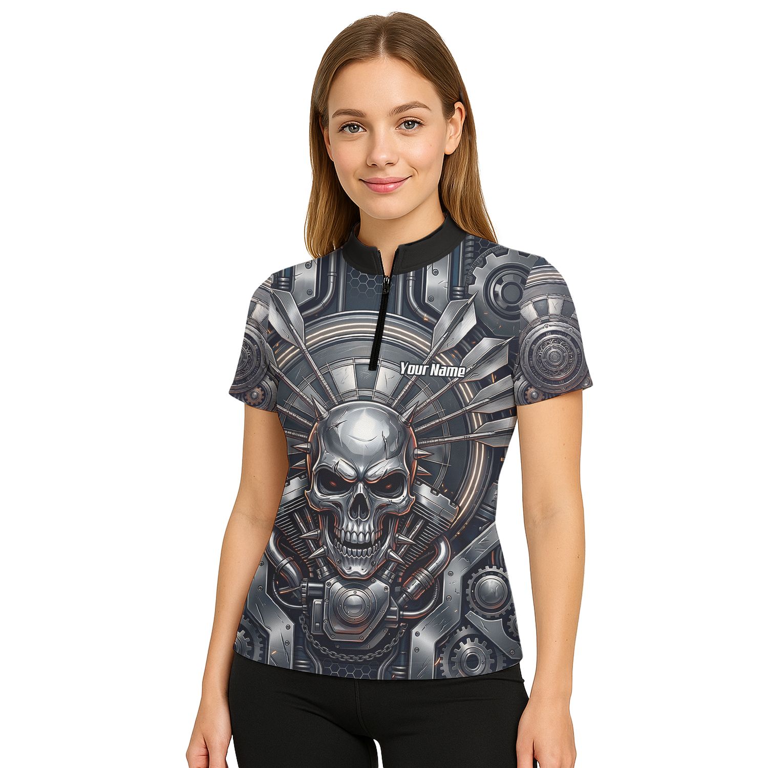 Personalised Women's Dart Jersey Custom Mechanical Skull Gear Print Polo Shirt Black Silver M6840