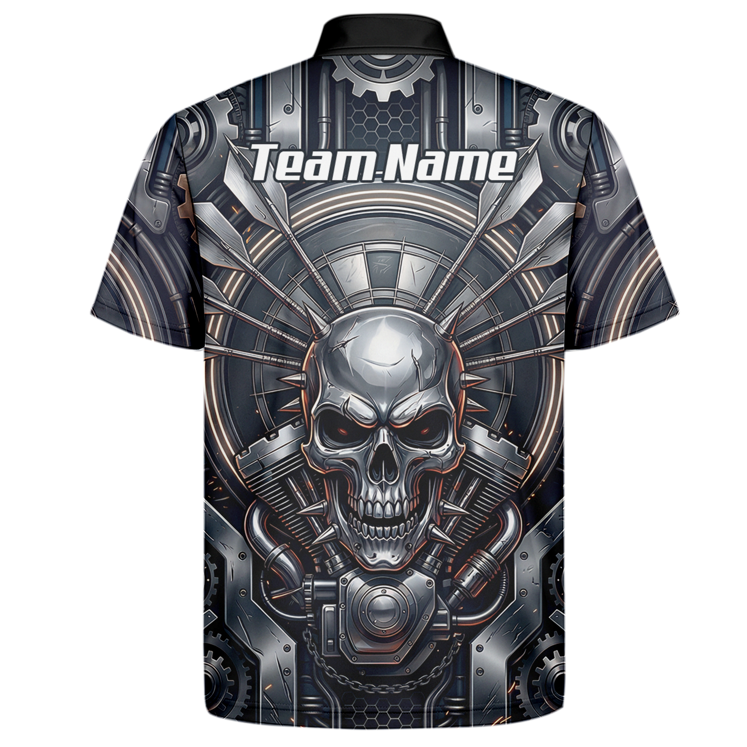 Personalised Men's Dart Jersey Custom Mechanical Skull Gear Print Polo Shirt Black Silver M6840