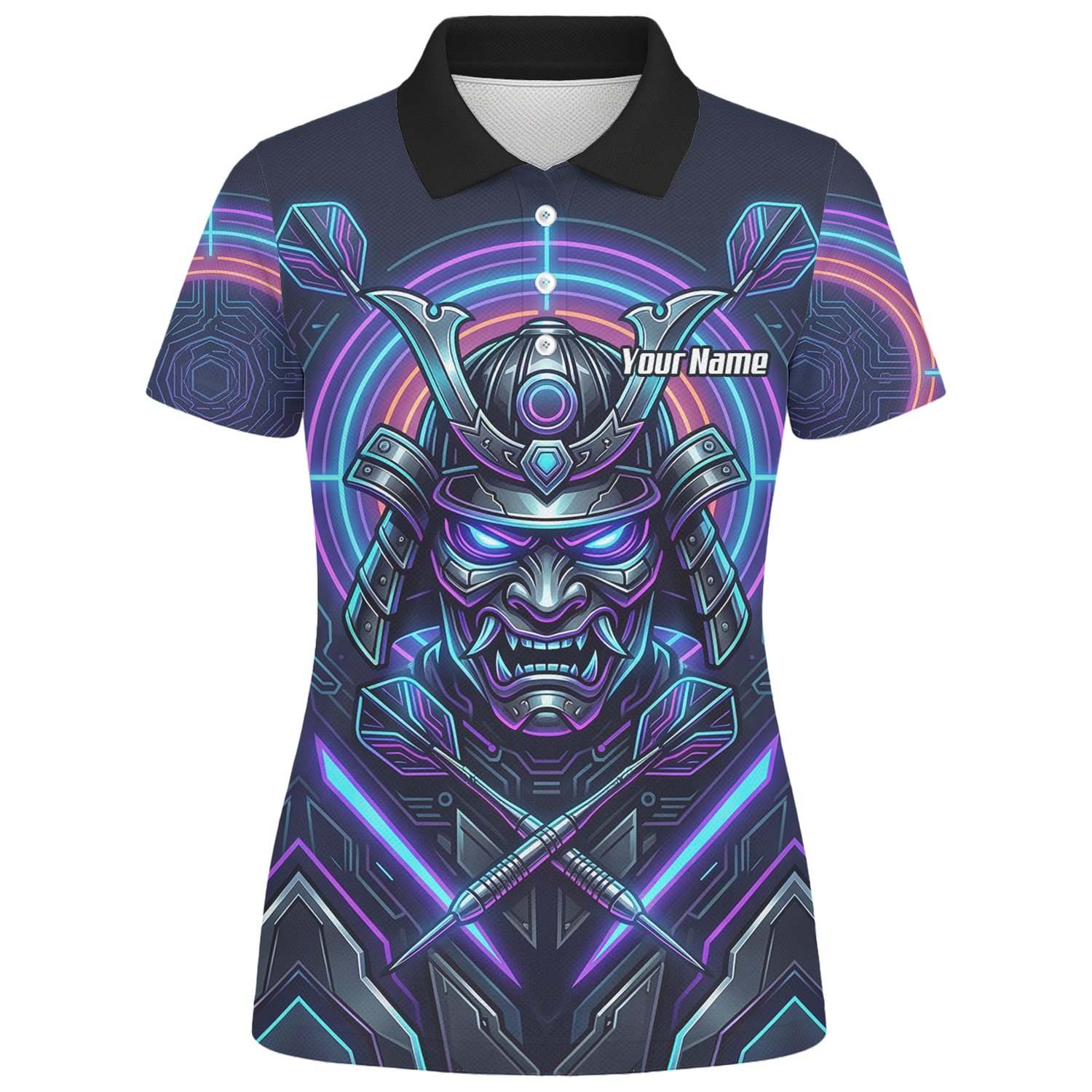 Personalised Cyberpunk Samurai Dart Jersey for Women Custom Name Neon Purple Black Polo Shirt M8824