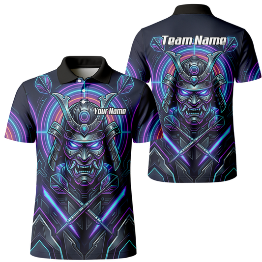 Personalised Cyberpunk Samurai Dart Jersey for Men Custom Name Neon Purple Black Polo Shirt M8824