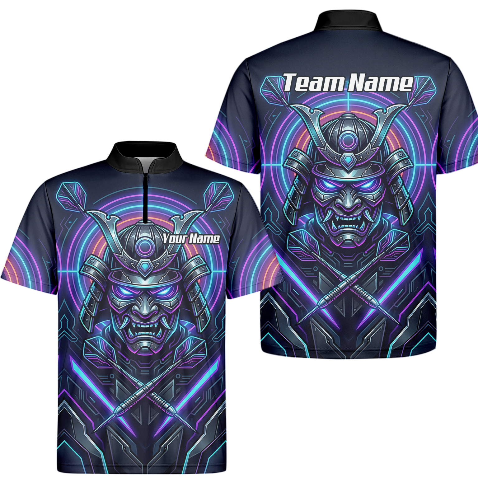 Personalised Cyberpunk Samurai Dart Jersey for Men Custom Name Neon Purple Black Polo Shirt M8824