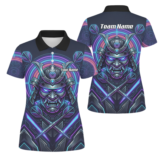 Personalised Cyberpunk Samurai Dart Jersey for Women Custom Name Neon Purple Black Polo Shirt M8824