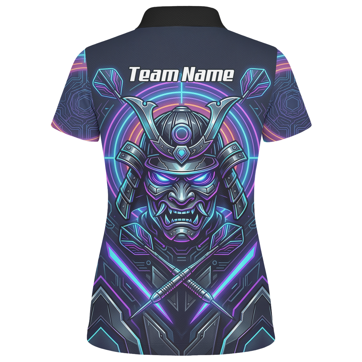 Personalised Cyberpunk Samurai Dart Jersey for Women Custom Name Neon Purple Black Polo Shirt M8824