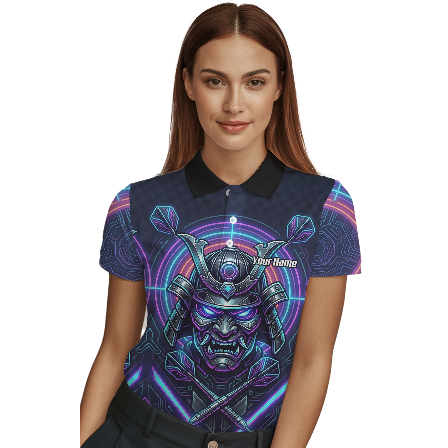 Personalised Cyberpunk Samurai Dart Jersey for Women Custom Name Neon Purple Black Polo Shirt M8824