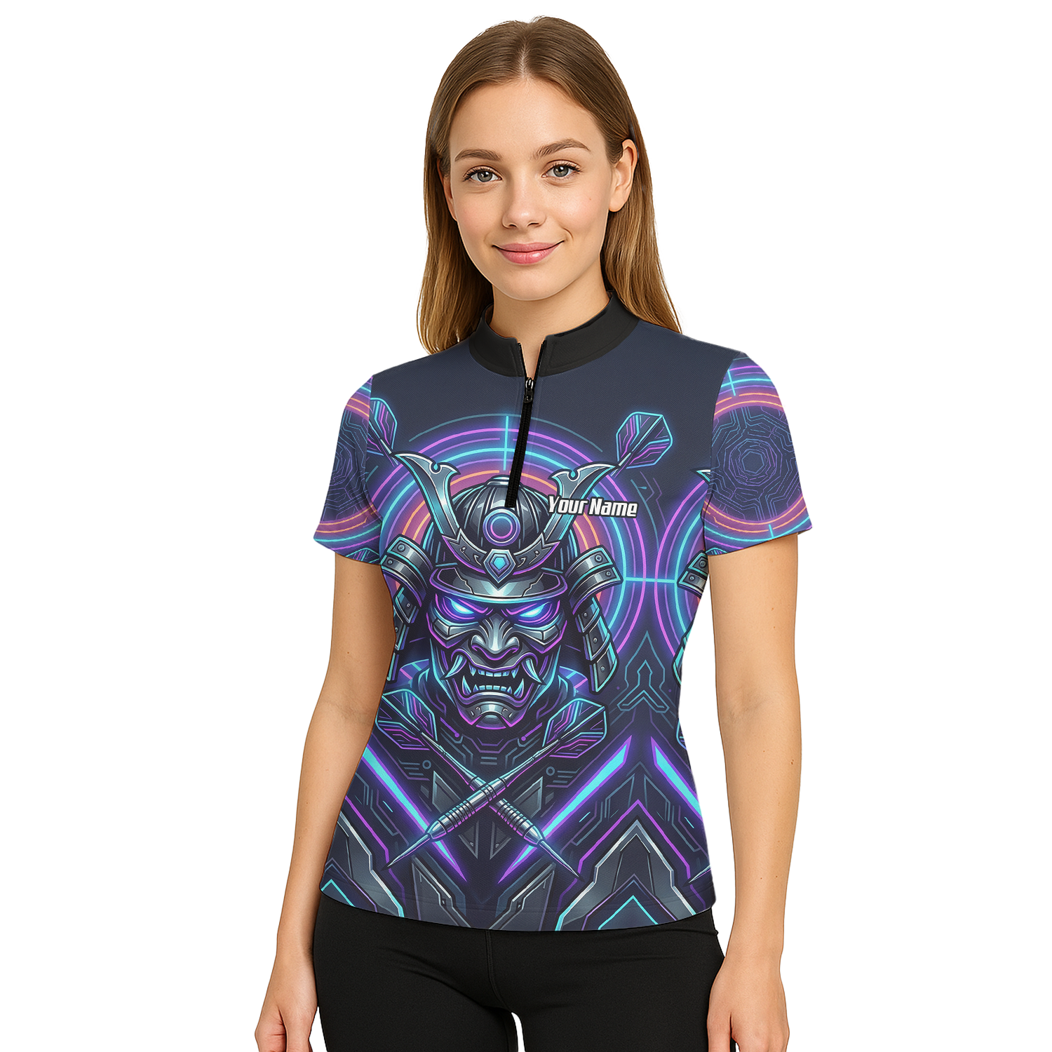 Personalised Cyberpunk Samurai Dart Jersey for Women Custom Name Neon Purple Black Polo Shirt M8824