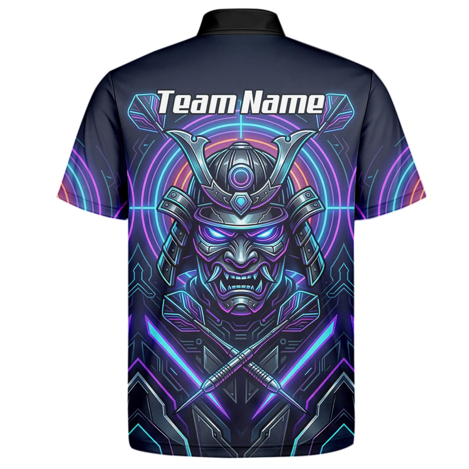 Personalised Cyberpunk Samurai Dart Jersey for Men Custom Name Neon Purple Black Polo Shirt M8824