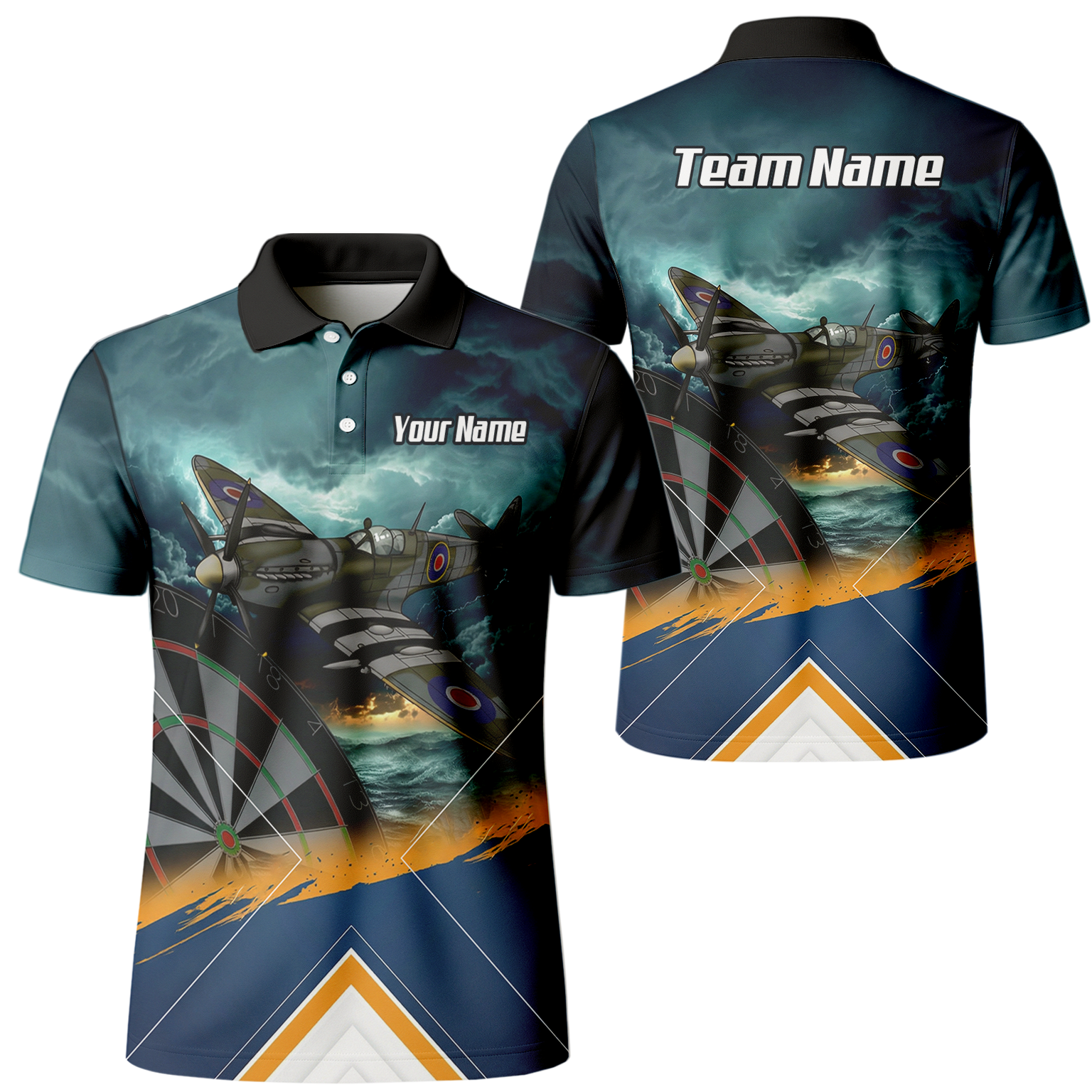 Personalised Spitfire Fighter Plane Dart Jersey Polo and Zipper For Men Navy Blue RAF Theme N2791 - Polo Yes