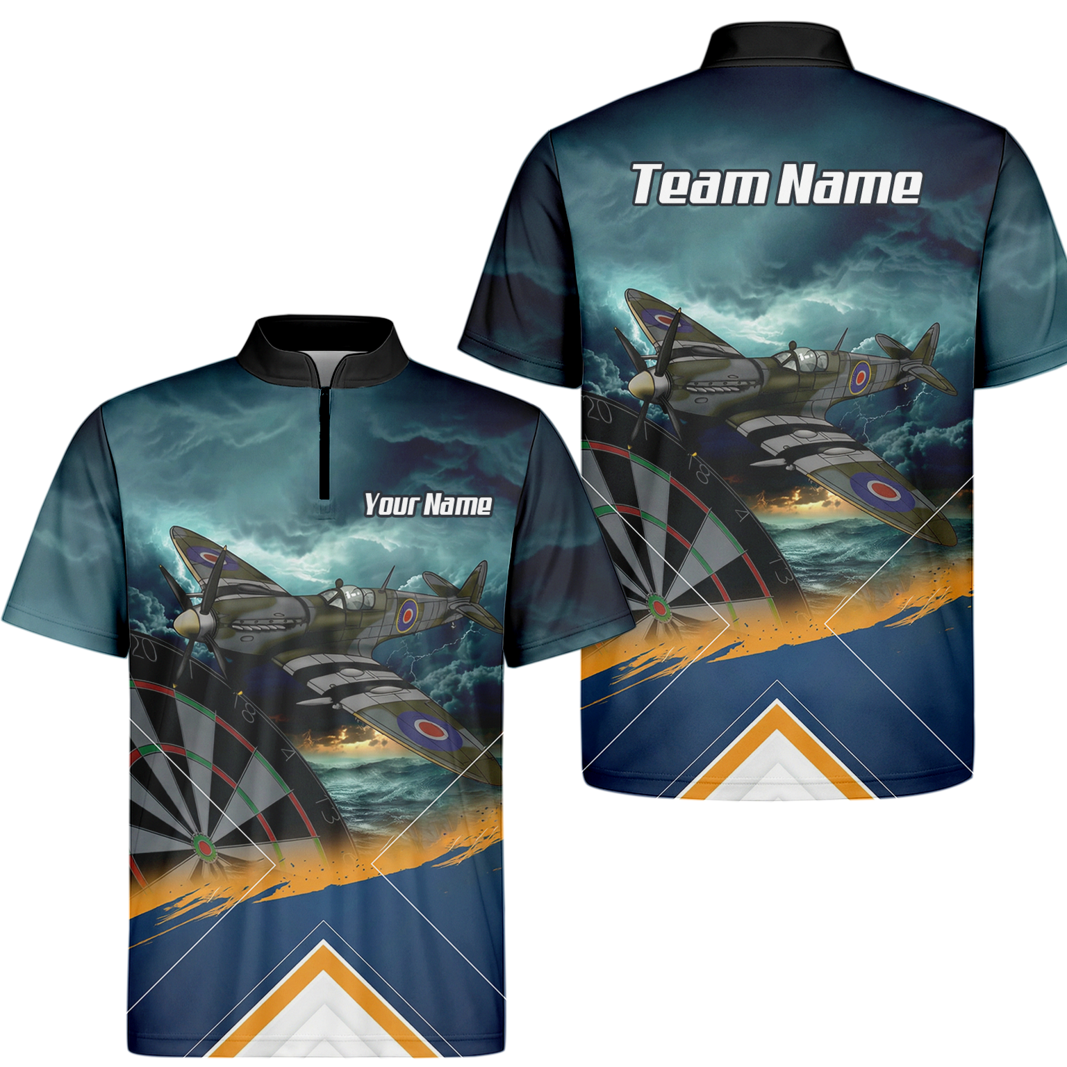 Personalised Spitfire Fighter Plane Dart Jersey Polo and Zipper For Men Navy Blue RAF Theme N2791 - Zipper Yes