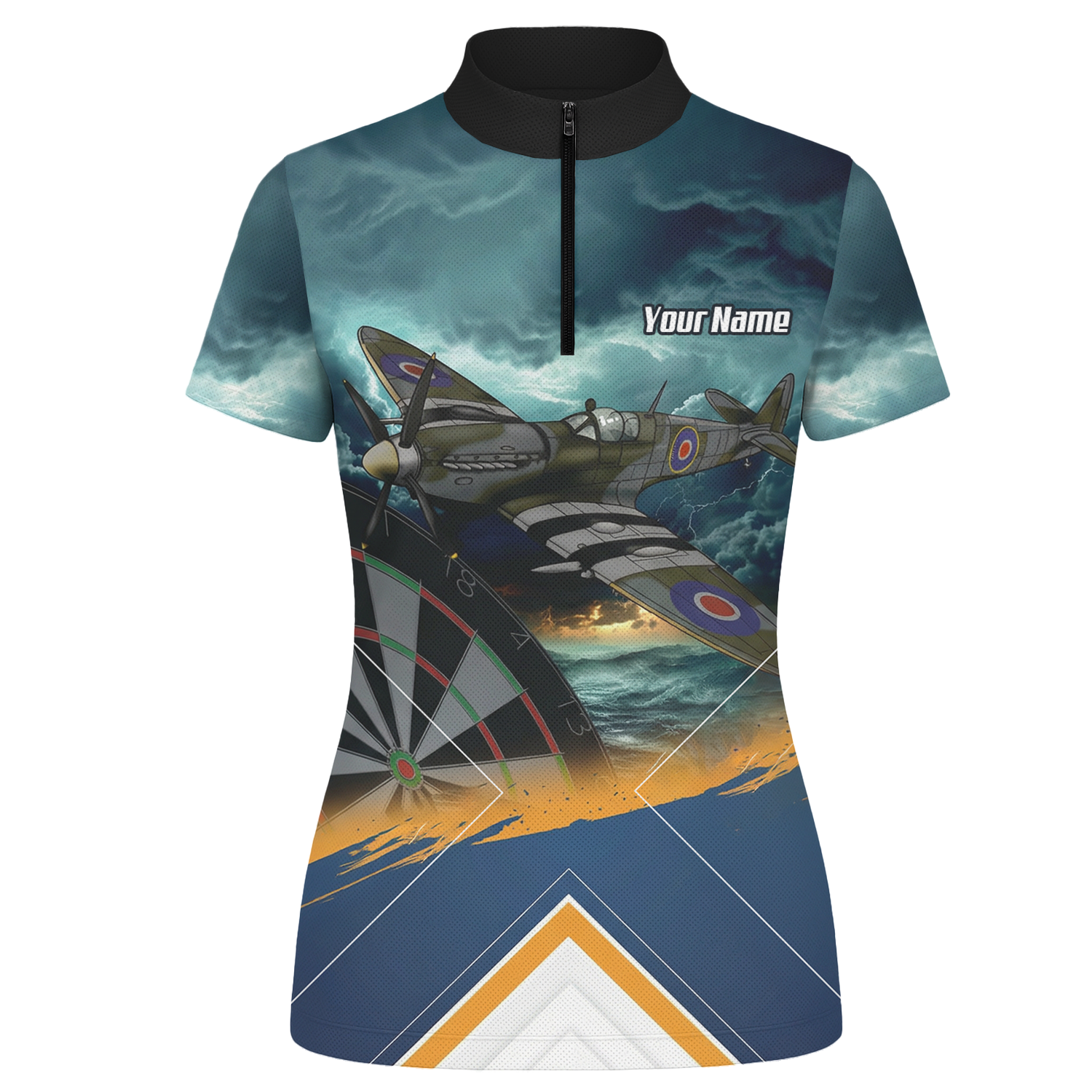 Personalised Spitfire Fighter Plane Dart Jersey Polo and Zipper For Women Navy Blue RAF Theme N2791 - Zipper Yes