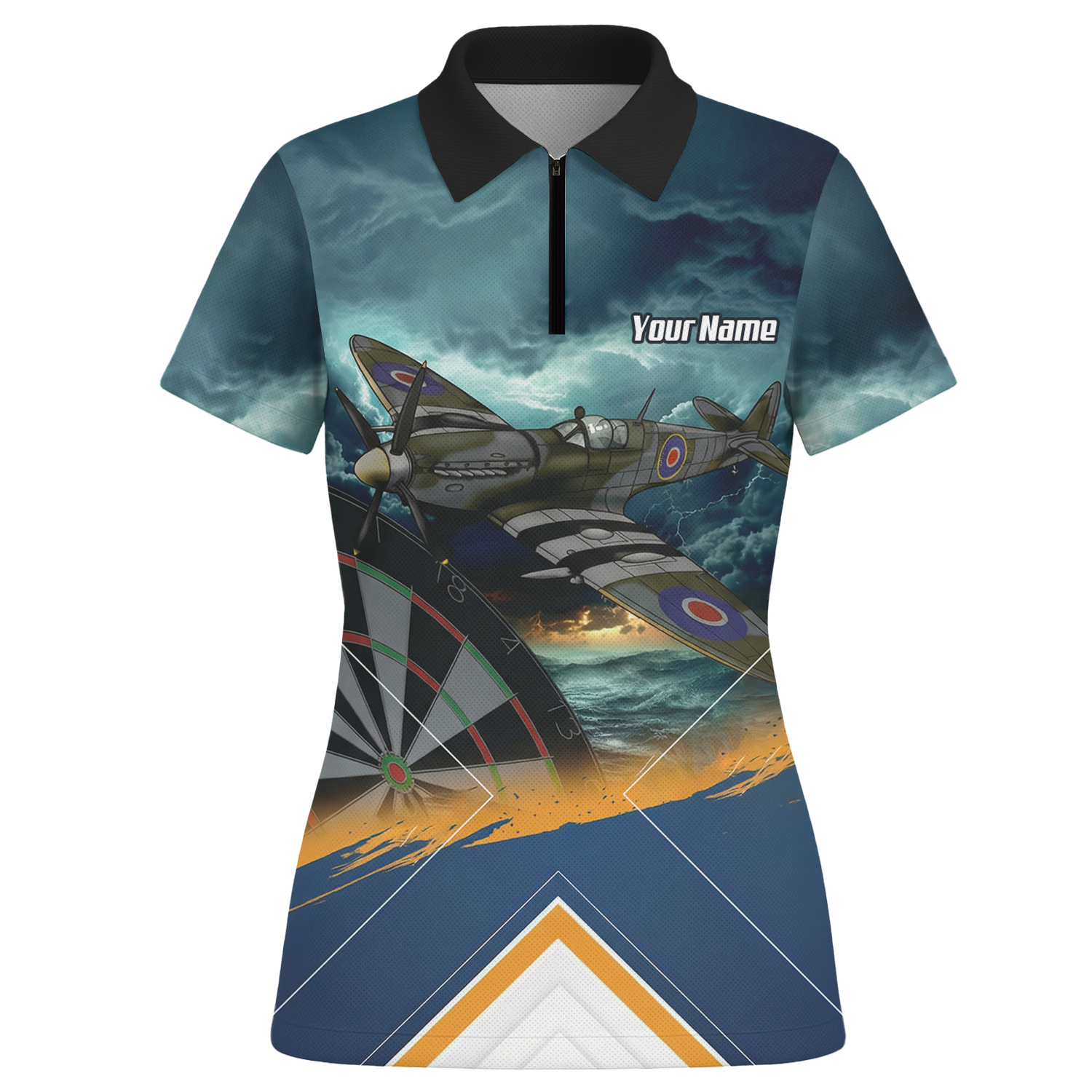 Personalised Spitfire Fighter Plane Dart Jersey Polo and Zipper For Women Navy Blue RAF Theme N2791 - Polo -w Zipper Yes