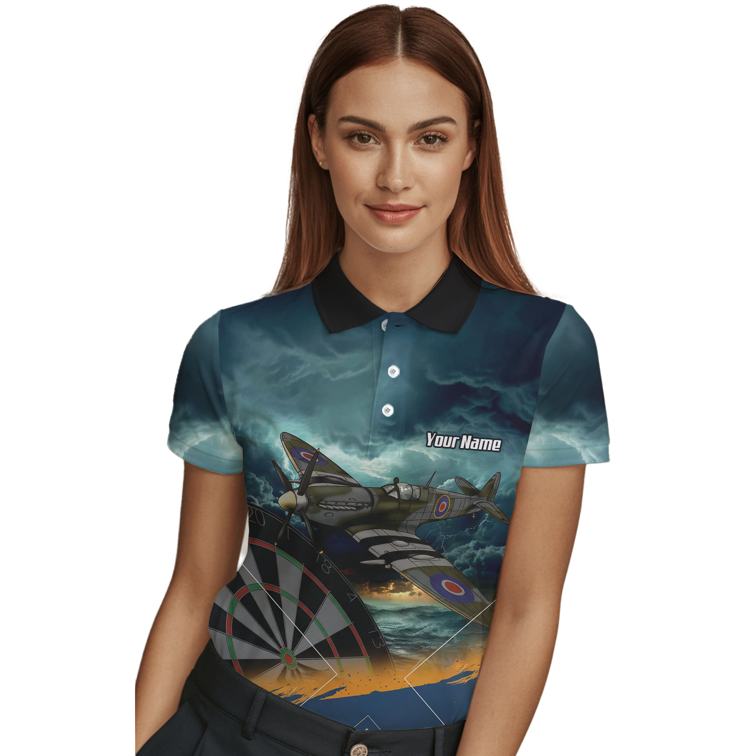 Personalised Spitfire Fighter Plane Dart Jersey Polo and Zipper For Women Navy Blue RAF Theme N2791