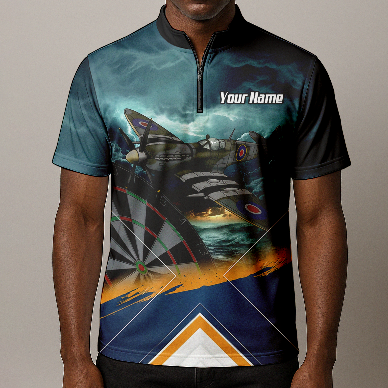 Personalised Spitfire Fighter Plane Dart Jersey Polo and Zipper For Men Navy Blue RAF Theme N2791