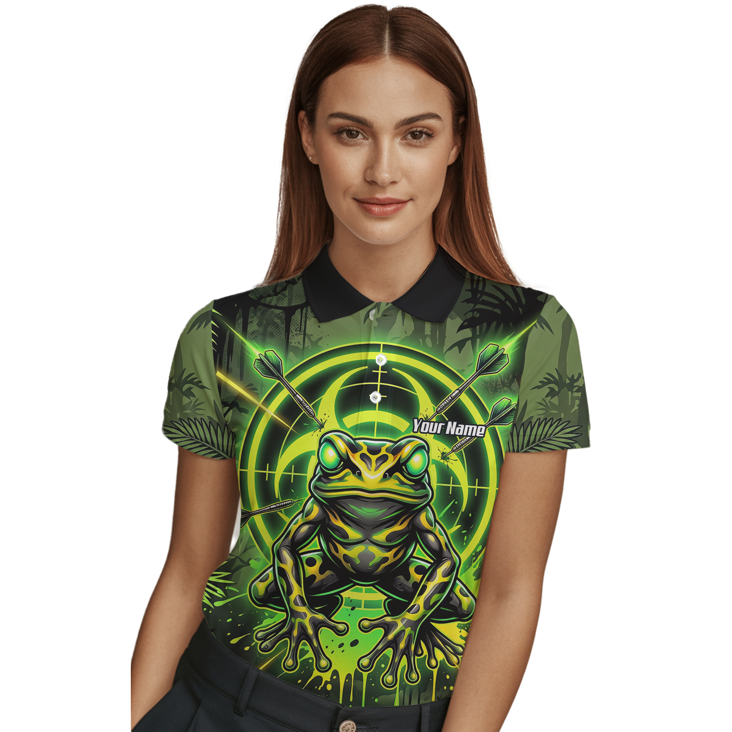 Personalised Poison Dart Frog Jersey for Women Custom Name Neon Green Black Polo Shirt N6854
