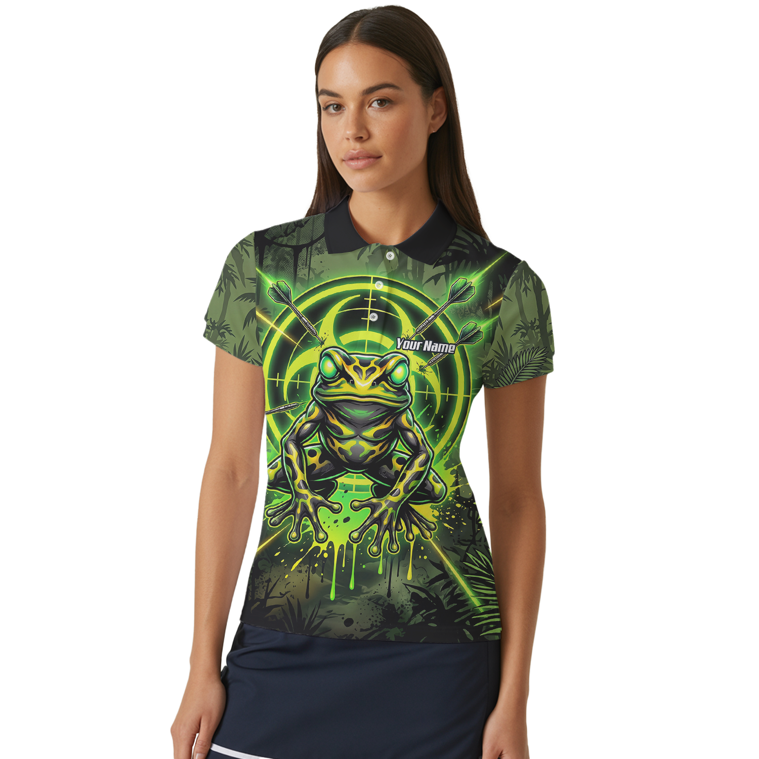 Personalised Poison Dart Frog Jersey for Women Custom Name Neon Green Black Polo Shirt N6854