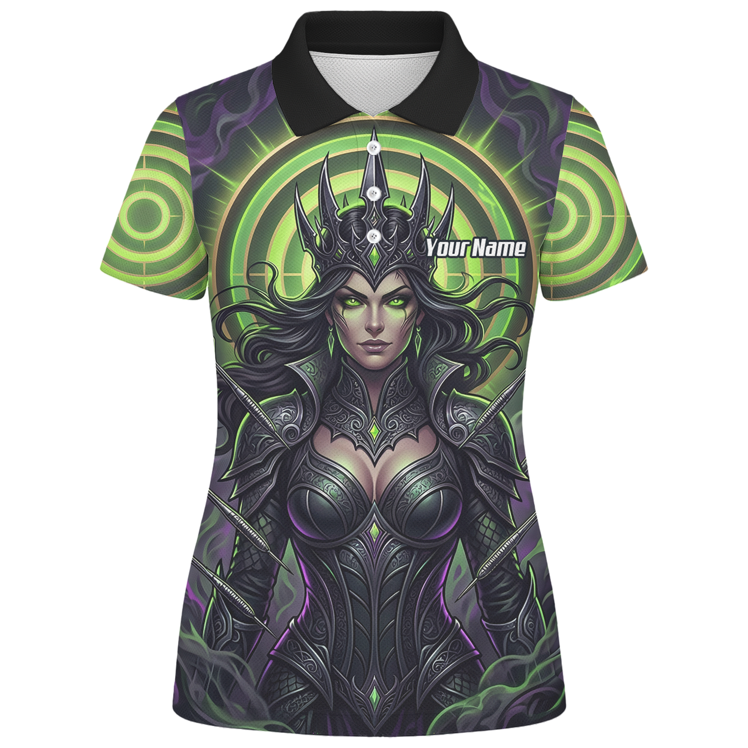 Personalised Dark Queen Fantasy Dart Jersey For Women Neon Green Purple Custom Name Polo Shirt N8351